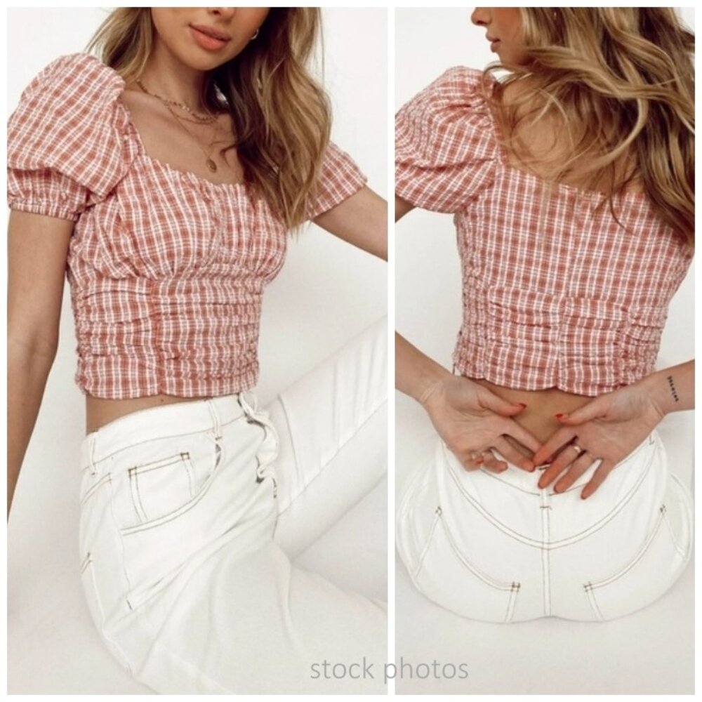 Vestique Pretty in Plaid Cropped Top with Puff Sleeves Size M Rose Pink